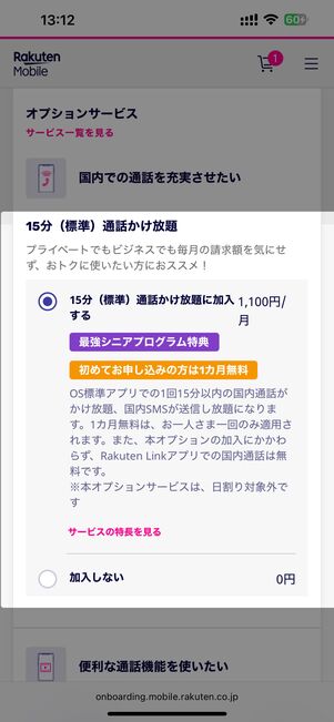 オプションの通話かけ放題が不要なら、加入しない