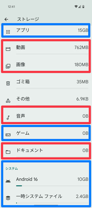 Android設定アプリ・ストレージ画面:動画・画像・音声・ドキュメントはSDカードに移動できるメディアファイル。アプリ・ゲーム・ドキュメントは移動できないファイル。