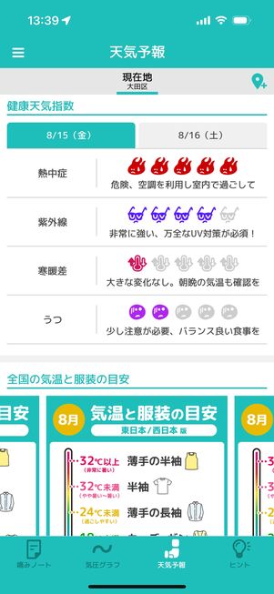 頭痛ーる:「健康天気指数」「気温と服装の目安」など役立つコーナーも