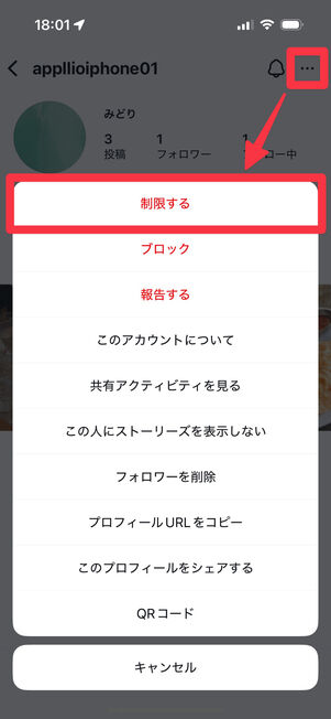 プロフィール画面右上のメニューボタンから「制限する」を選択