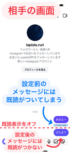 Instagramアプリ:最初のメッセージには既読がついてしまう