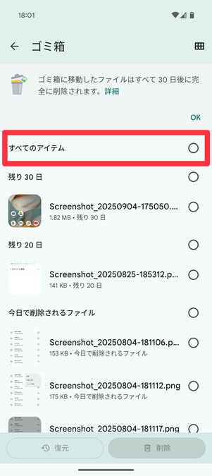 Filesアプリ（ゴミ箱）：「すべてのアイテム」にチェックを入れる