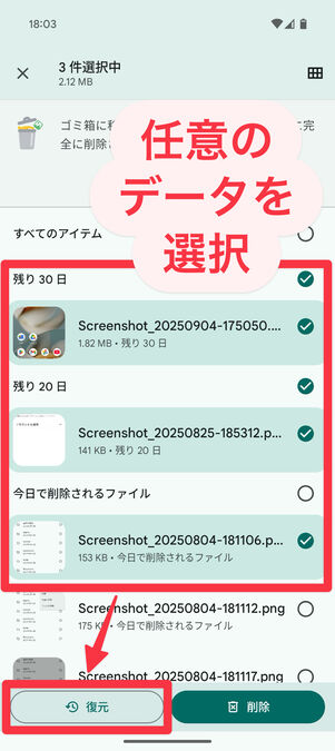 Filesアプリ（ゴミ箱）：復元したいデータをタップして選択