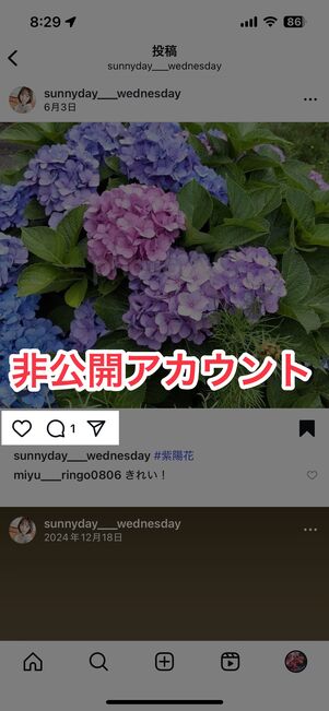 非公開アカウント：再投稿アイコンがない