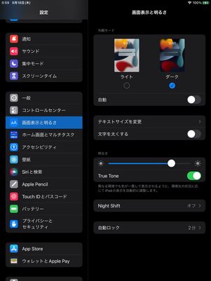 iPadの「設定」アプリでダークモードを有効にする