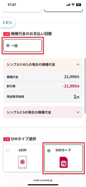 支払回数とSIMタイプの選択