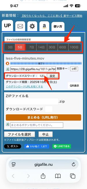 ファイルの保持期限やダウンロードパスワードを設定