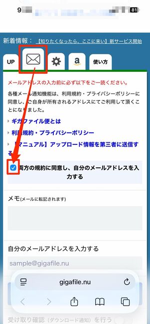 メールタブに切り替えて規約にチェック