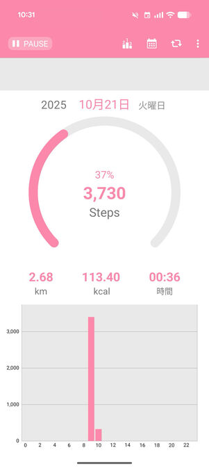 歩数計Maipo：ホーム画面（カラーをサクラ色に変更）