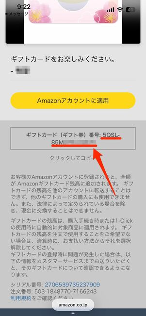 コード（ギフトカード番号）のみの送受信も可能