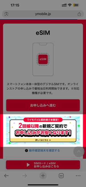 「2回線目以降」と書かれているリンクをタップ