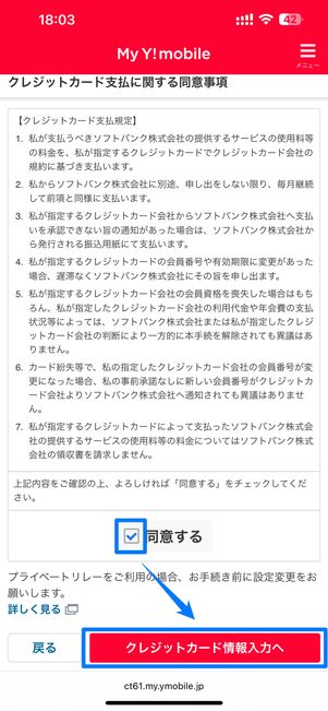 クレジットカード支払いに関する同意事項にチェックを入れる