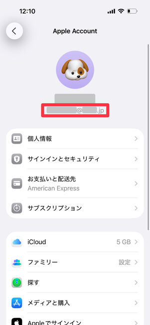 iOS「設定」アプリ：メールアドレスを確認できる