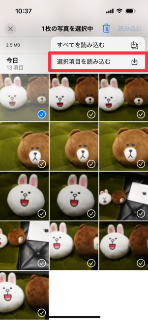 写真アプリ：「選択項目を読み込む」をタップ
