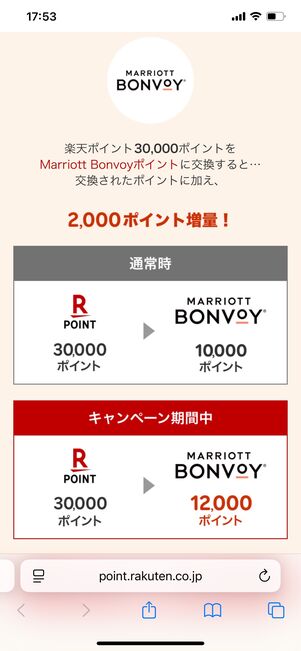 マリオット 楽天ポイント交換増量キャンペーン