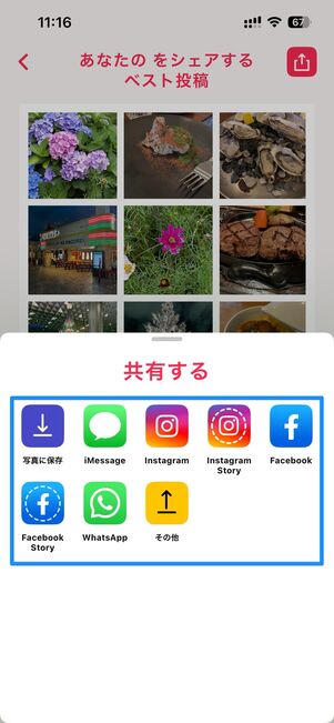 端末への保存やインスタでの共有などができる