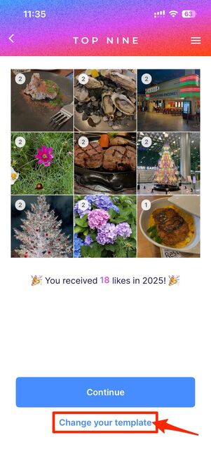ベストナインの画像が作成されたらChange your templateでテンプレートの選択に進む
