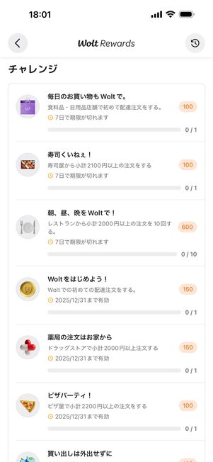ポイントや特典が得られる「チャレンジ」も用意されている