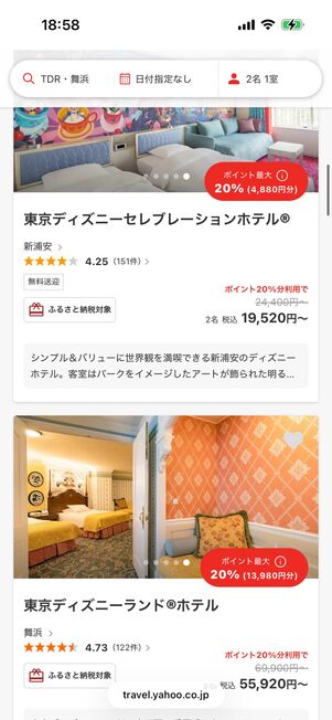 ディズニーホテルも還元率20％になっている
