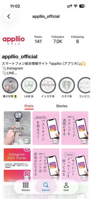 アカウントのプロフィールやハイライト、フィードが表示された