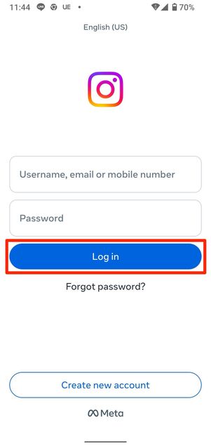 インスタアカウントの情報を入力してログイン