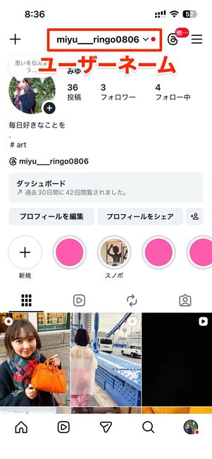 インスタのプロフィール画面上部の文字列が「ユーザーネーム」