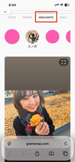 画面上部のタブで、フィード・ストーリー・ハイライト・リールの表示を切り替えられる