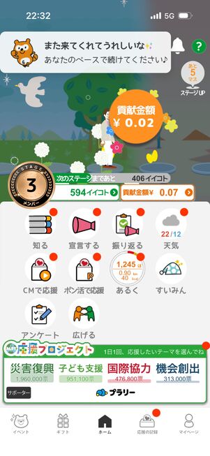 歩けば歩くほど「イイコト」が貯まり、ステージアップでPontaポイントが得られる