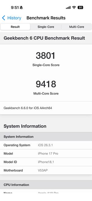 参考にこちらはiPhone 17 ProのA19 Proの性能と比較