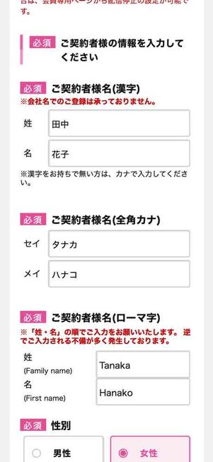 IIJmio公式サイト：申し込み画面（お客様情報）