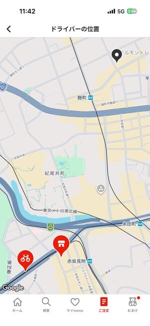マップには、ドライバーの位置と店舗、配達場所がピンで表示される