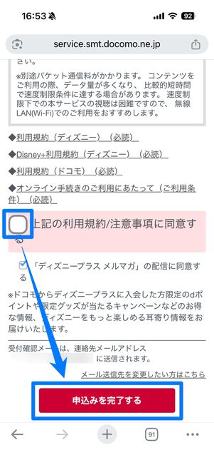 利用規約/注意事項に同意して申し込みを完了させる