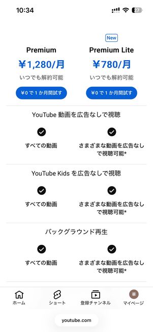 YouTube Premium Liteにも1カ月間の無料トライアルがある