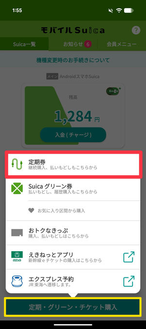「定期・グリーン・チケット購入」から「定期券」をタップ