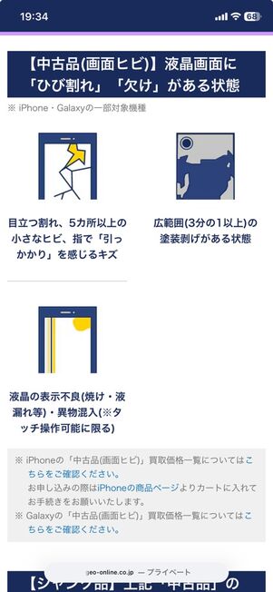 「中古品（画面ヒビ）」の例