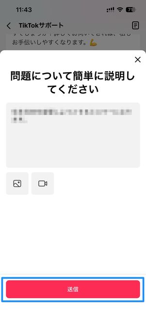 チケットを送信する→問い合わせたい内容を入力し送信をタップ
