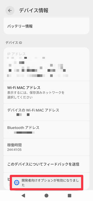 開発者向けオプションが有効化される