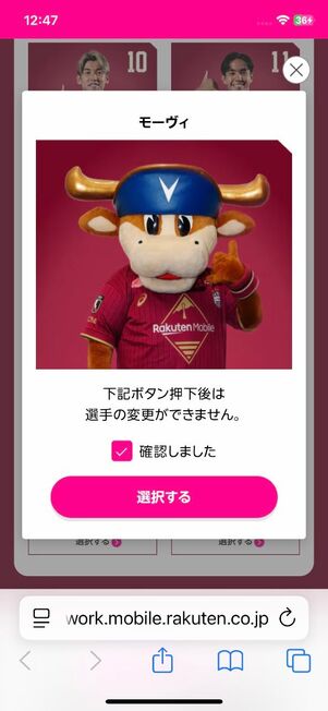 「確認しました」にチェックを入れて「選択する」ボタンをタップする