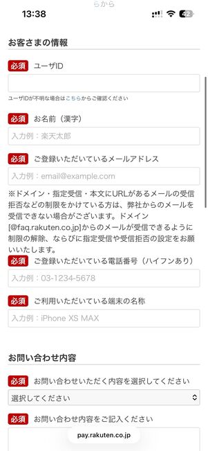必須事項と問い合わせ内容を入力する