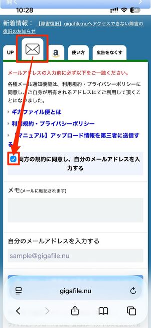 メールタブに切り替えて規約にチェック