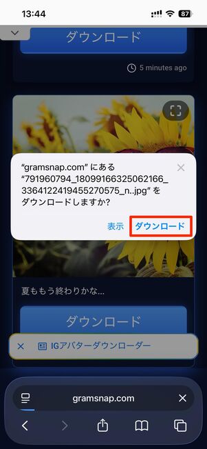 再度ダウンロードをタップすれば端末に保存できる