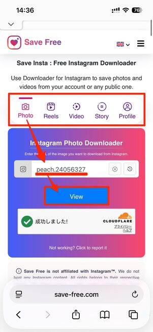 見たい投稿の種類を選択してユーザー名をペースト→Viewをタップ
