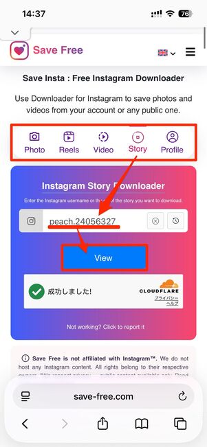 他の種類の投稿を見たいときは、タブを切り替えてもう一度ユーザー名を入力する