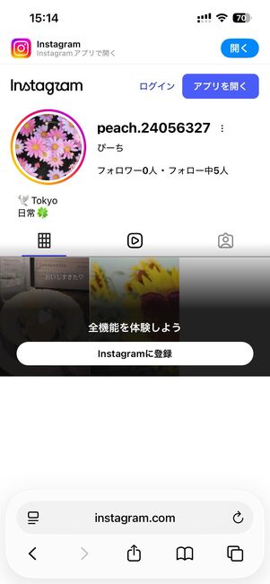 Web版インスタを利用してプロフィール画面を見ることはできるが、投稿などをタップするとアプリDL画面に遷移して投稿の閲覧ができなくなる