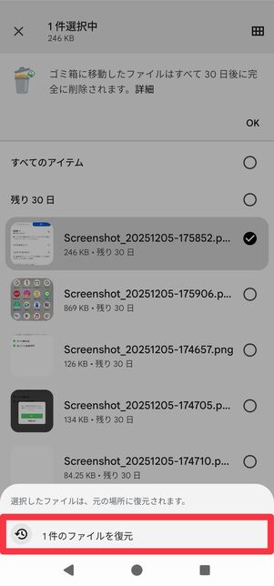 [◯件のファイルを復元]をタップする