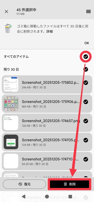 「すべてのアイテム」を選択して[削除]をタップ