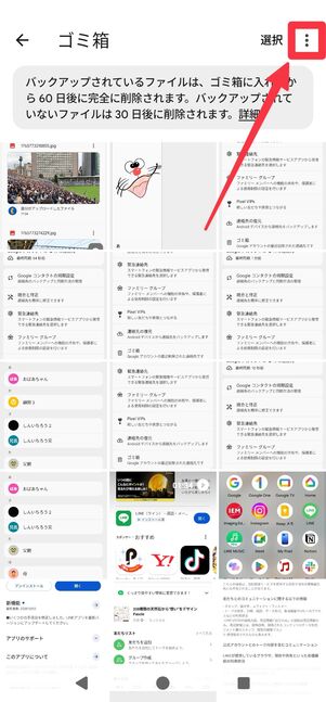 ゴミ箱の画面右上にある[​​︙]をタップ