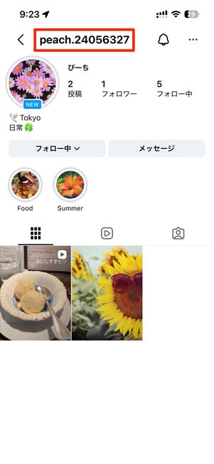 プロフィール画面の一番上に書かれている文字列がユーザーネーム