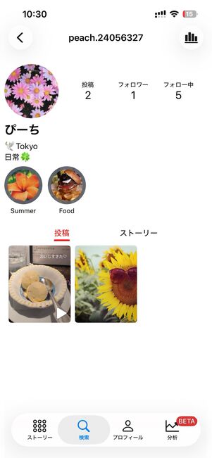 アカウントのプロフィールやハイライト、フィードが表示された