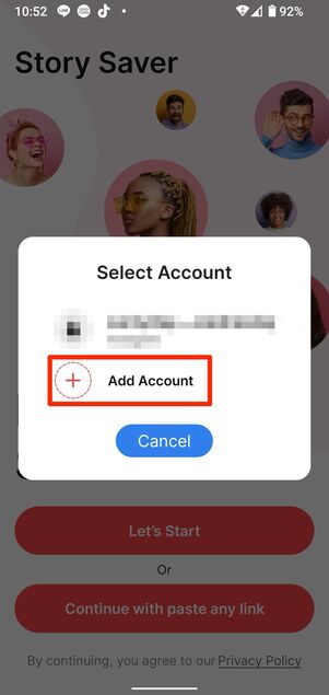 Add Acount→Instagram→Add Accountと進む